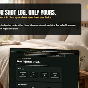May include: A digital interface for the Wellnest injection tracker displayed on a screen. The text reads: YOUR SHOT LOG. ONLY YOURS. No account - No cloud - your doses never leave your device. An interactive injection tracker with a site rotation map.