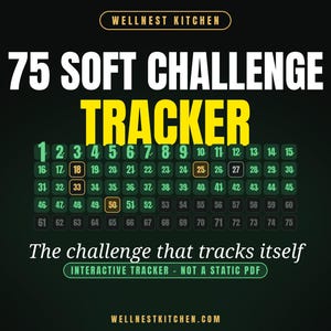 May include: A digital 75 Soft Challenge Tracker with a black background. The text reads Wellnest Kitchen, 75 Soft Challenge Tracker, The challenge that tracks itself, and Interactive Tracker - Not a static PDF. A grid displays numbers 1 to 75.