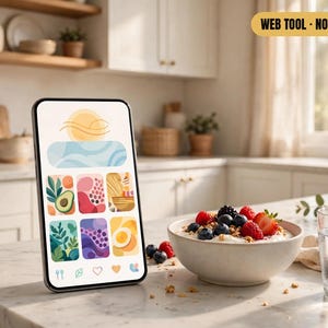 May include: A smartphone displaying a digital interface with a sun icon, a blue wave graphic, and six colorful square tiles featuring food and nature illustrations, with the text WEB TOOL - NOT A PDF visible in the upper right corner.