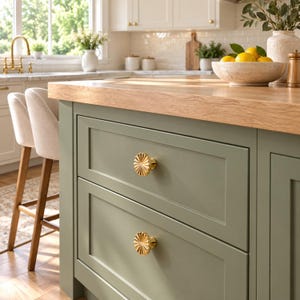 May include: Two round, gold-toned cabinet knobs with a sunburst or radial ribbed pattern are mounted on the front of a sage green kitchen island drawer unit. The knobs feature a polished metallic finish and a circular, fluted design.
