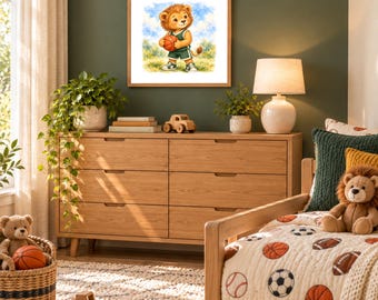 Basketball Lion Watercolor Sports Art Print for Nursery or Kids Room (Digital Download)