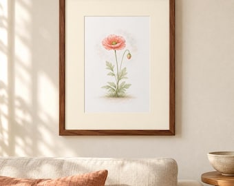 Coral Poppy Printable Wall Art, Watercolor Print, Botanical Floral Decor (Digital Download)