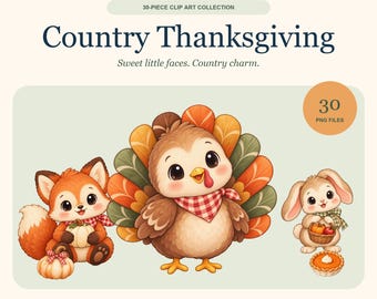 30-Piece Thanksgiving Clipart Bundle: Cute Animals & Harvest Art (Digital Download)