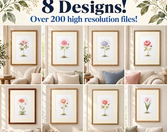 Botanical Watercolor Flower Prints, Floral Gallery Wall Bundle (Digital Download)