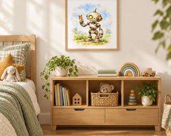 Robot and Butterfly Nursery Wall Art, Watercolor Print (Digital Download)
