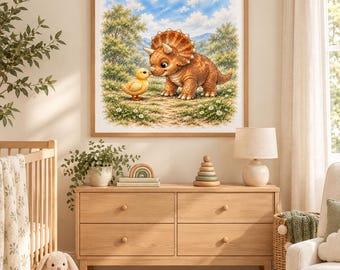 Baby Triceratops and Duckling Nursery Print, Watercolor Dinosaur Art (Digital Download)