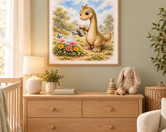 Baby Brachiosaurus Nursery Print, Watercolor Dinosaur with Flowers (Digital Download)