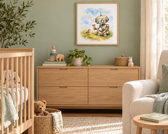 Robot and Bird Watercolor Nursery Print, Gender Neutral Kids Room Decor (Digital Download)