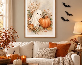 Watercolor Ghost Pumpkin Print, Autumn Fall Decor (Digital Download)