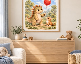 Baby Stegosaurus Nursery Art, Dinosaur with Kitten, Watercolor Print (Digital Download)