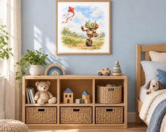 Cheerful Watercolor Robot Flying Coral Kite Nursery Art Print Digital Download Wall Decor