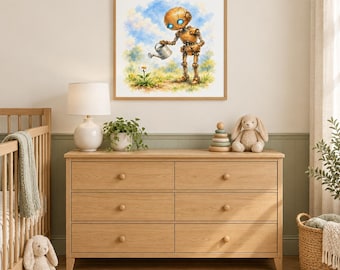Robot Watering Flower Nursery Print, Watercolor Kids Room Decor (Digital Download)