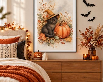 Watercolor Black Cat Witch Hat Pumpkin Print, Fall Halloween Decor (Digital Download)
