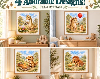 Baby Dinosaur Nursery Wall Art Bundle, Watercolor Dino Prints (Digital Download)