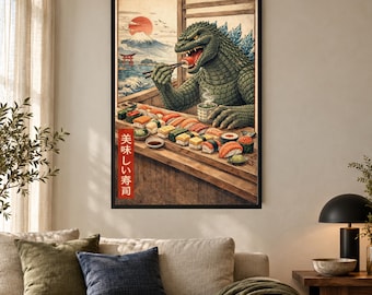 Godzilla Sushi – Japanese Woodblock Kaiju Art Poster