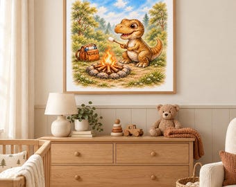 Baby T-Rex Camping Nursery Print, Watercolor Dinosaur, Woodland Adventure (Digital Download)