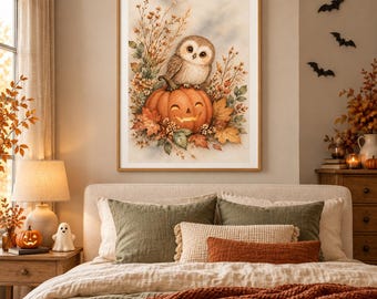 Watercolor Owl on Jack O Lantern Halloween Print, Cozy Fall Decor (Digital Download)