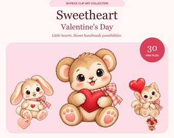 30-Piece Valentine's Day Clipart Bundle: Kids, Hearts, Animals, and Treats (Digital Download)