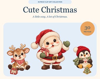 30-Piece Christmas Clipart Bundle: Cozy Holiday Animals, Santa, Penguin (Digital Download)
