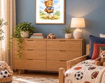 Football Bear Watercolor Sports Art Print for Nursery or Kids Room (Digital Download)