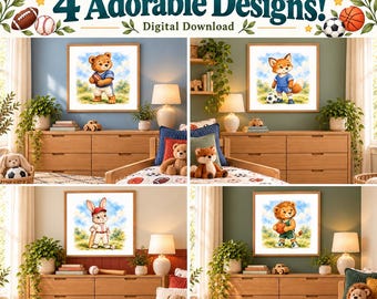 Watercolor Sports Animal Prints, Baseball Bunny, Basketball Lion, Football Bear, Soccer Fox Set