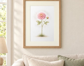 Blush Pink Dahlia Printable Wall Art, Watercolor Print, Botanical Floral Decor (Digital Download)