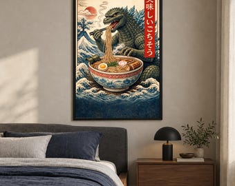 Godzilla Ramen – Japanese Woodblock Kaiju Art Poster