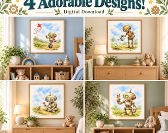 Watercolor Robot Nursery Bundle, Gender Neutral Kids Room Decor (Digital Download)