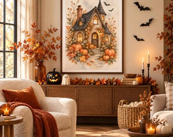 Haunted Cottage Watercolor Print, Friendly Ghost, Pumpkins (Digital Download)