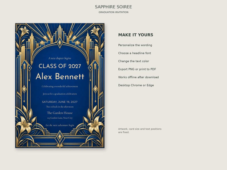 Sapphire Soiree Graduation Invitation Template With Party Details ...