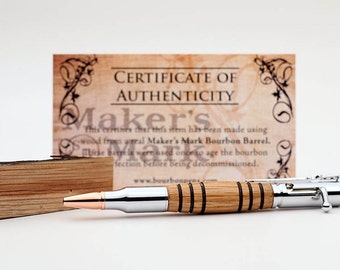 Makers Mark Bourbon Oak Bolt Action Bullet Pen with Chrome hardware -- made from a real Bourbon Barrel of Makers Mark
