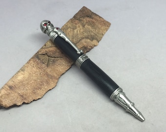 Ancient Bog Oak Skull Pen - made from 6,000 year old oak, with certificate of authenticity, overseas shipping