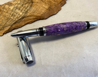 Purple dyed and stabilized Box Elder Burl Fountain Pen with chrome hardware
