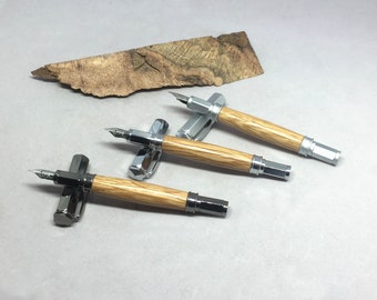 Vertex Fountain or Roller Ball Pen with magnetic cap -- chrome, gunmetal or brushed silver hardware, made from bourbon barrel
