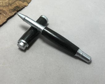 Ancient Bog Oak Rollerball Pen with Satin Silver hardware - made from 6,000 year old oak, with certificate of authenticity