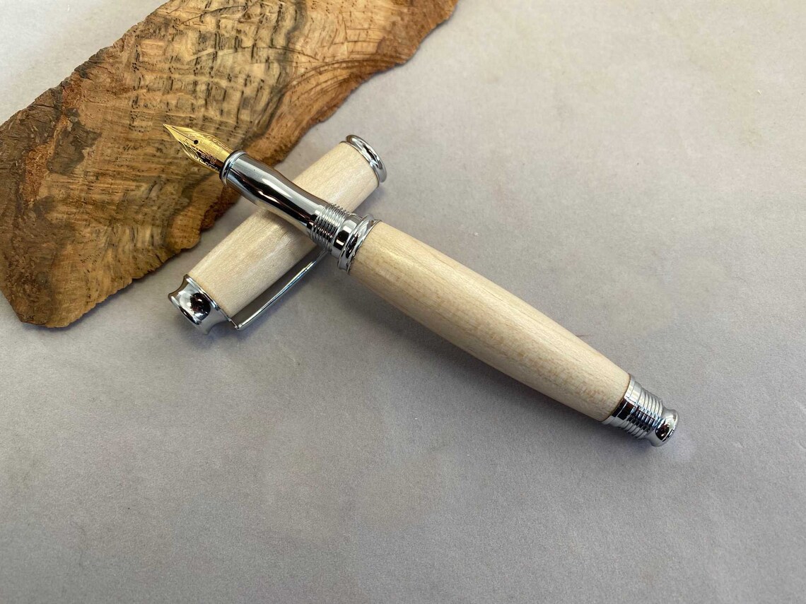 Metro Fountain Pen Chrome Hardware Maple Wood Handmade Etsy