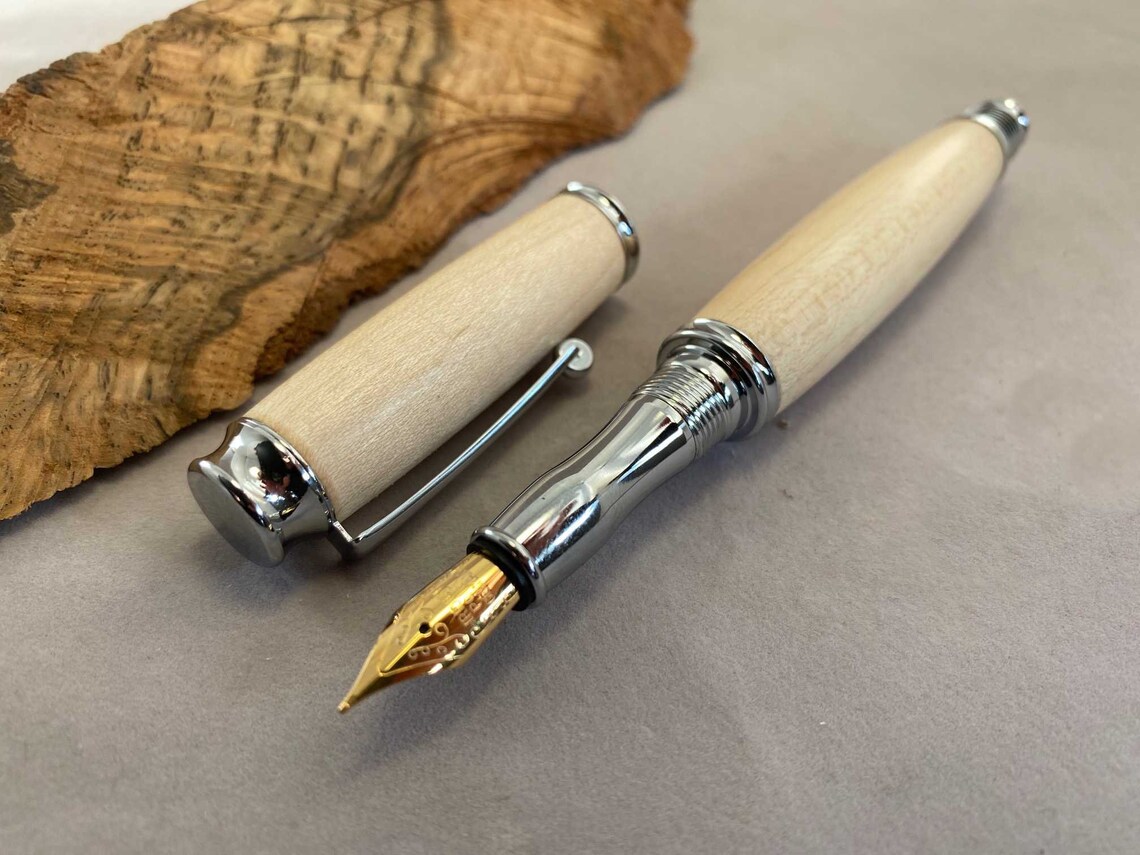 Metro Fountain Pen Chrome Hardware Maple Wood Handmade Etsy