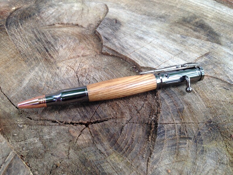 Makers Mark Bourbon Oak Bolt Action Bullet Pen with Gunmetal hardware made from a real Bourbon Barrel of Makers Mark image 1