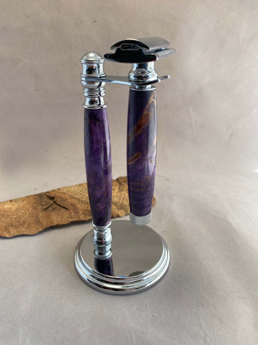 Classic Shaving Razor and Stand, Made From Stabilized and Purple Dyed ...