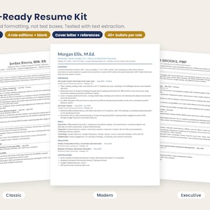 Puede incluir: Un kit de currículum digital con tres plantillas de documentos distintas llamadas Classic, Modern y Executive. El kit incluye formato basado en texto para compatibilidad con ATS, páginas de carta de presentación y referencias.