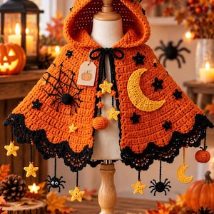 Peut inclure: Une cape à capuche en crochet orange avec une bordure festonnée noire, une toile d'araignée avec une araignée, un croissant de lune jaune et des étoiles noires. La cape comporte des breloques pendantes d'étoiles, d'araignées et de citrouilles.