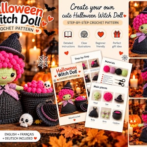 Peut inclure: Un patron de crochet PDF numérique pour une poupée sorcière d'Halloween avec un visage vert clair, des cheveux bouclés rose vif et un chapeau pointu noir. La poupée porte une robe noire avec des accents violets et un chaudron noir rempli de laine rose.