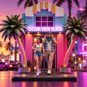 May include: A miniature diorama of the Ocean View Hotel featuring a teal and pink facade with neon signage. Two figures stand in the doorway, one in a white tank top and denim shorts holding a pistol, the other in a floral shirt and khaki pants.