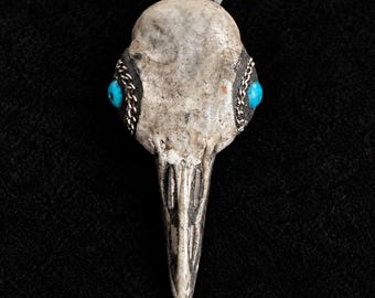 Real Bird Skull Pendant Amulet – Turquoise Eyes, One-of-a-Kind Gothic Jewelry