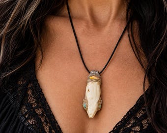 Vole Skull & Opal Pendant Amulet – Real Bone, Handmade Witchy Jewelry