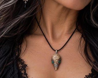 Real Bird Skull Pendant Amulet – Malachite Eyes, One-of-a-Kind Gothic Jewelry