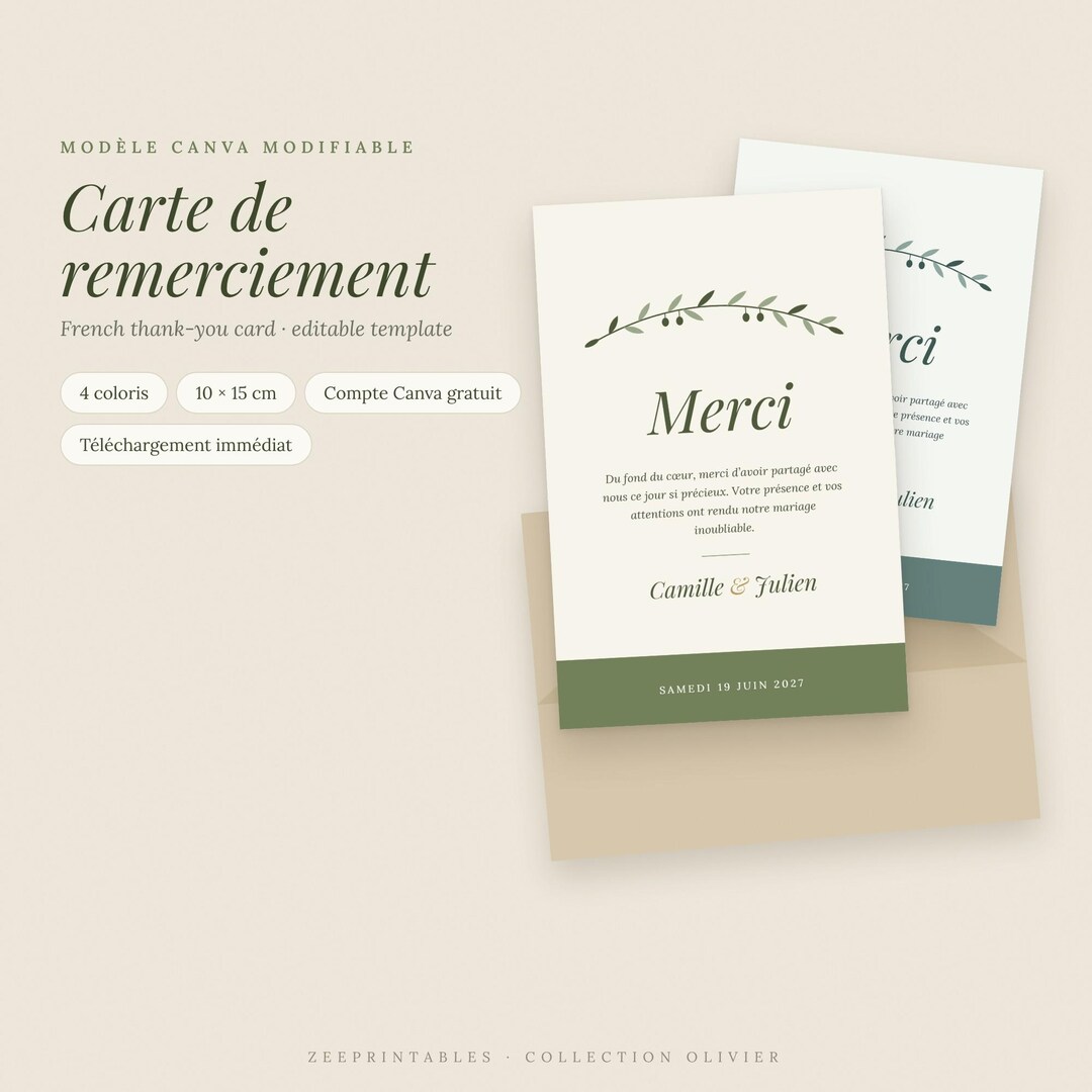 French Wedding Thank You Card Template, Editable Carte Remerciement ...