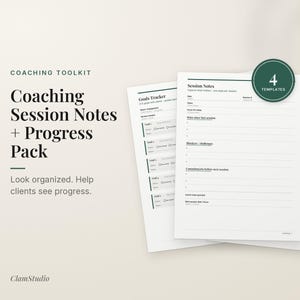 Könnte beinhalten: Ein Coaching-Toolkit mit gedruckten Sitzungsnotizen und einem Ziel-Tracker. Die Dokumente enthalten schwarzen Text auf weißem Papier mit einem dunkelgrünen runden Abzeichen, auf dem 4 templates steht. Der Text Coaching Session Notes + Progress Pack ist sichtbar.