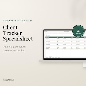 Puede incluir: Una plantilla de hoja de cálculo digital para el seguimiento de clientes mostrada en una pantalla de portátil. El texto dice Spreadsheet Template, Client Tracker Spreadsheet, Pipeline, clients and invoices in one file, y una insignia circular 4 SHEETS.