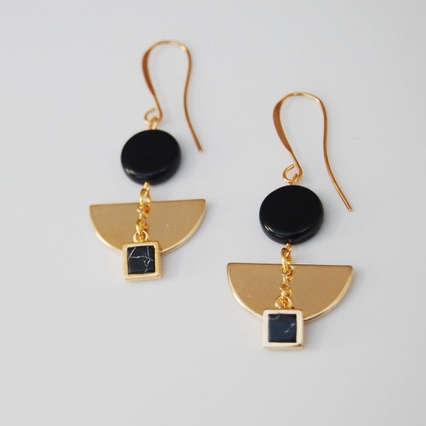 Gold and black art deco earrings | 1920s style dangle earrings with black marble effect | elegant earring special occasion earrings